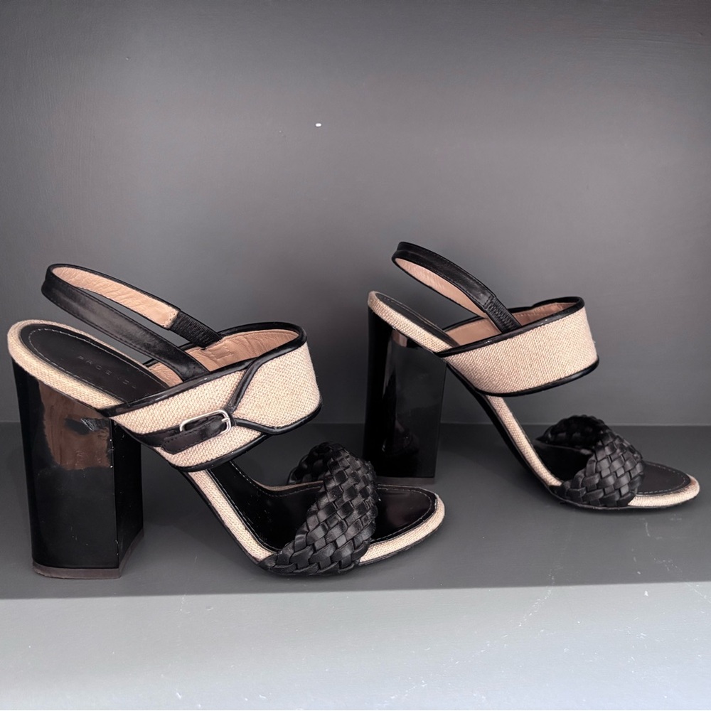 Proenza Schouler Beige and Black Woven Block Heel Slingback Sandals 37